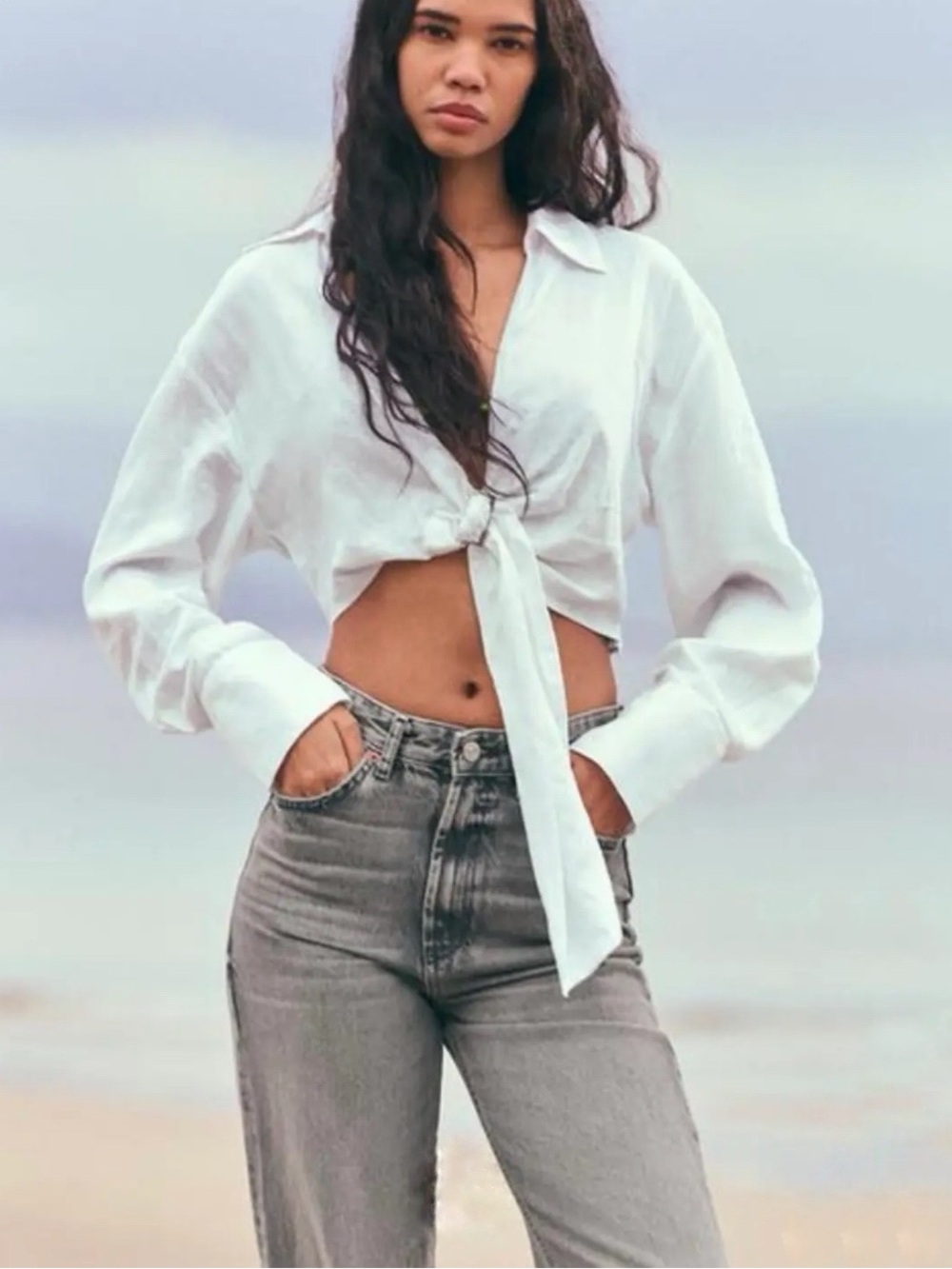 Zara White Tie-Front Linen Shirt S